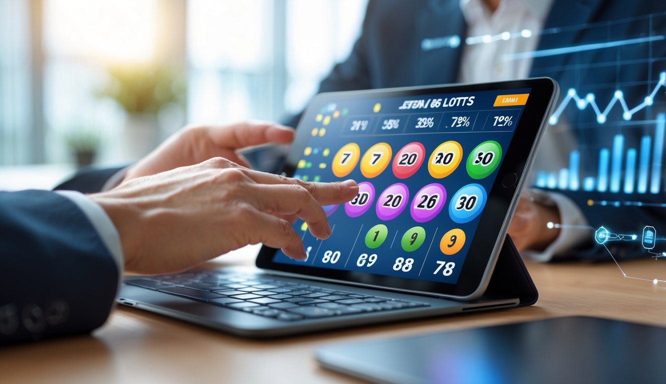 Tangan seseorang menggunakan tablet digital dengan angka lotere dan grafik di latar belakang kantor modern.