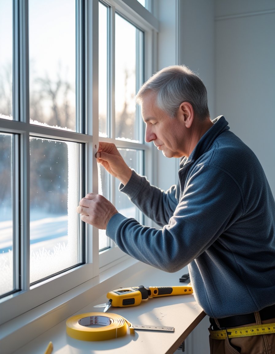 A person applying weatherstripping tape to a window frame inside a home with winter scenery visible outside.