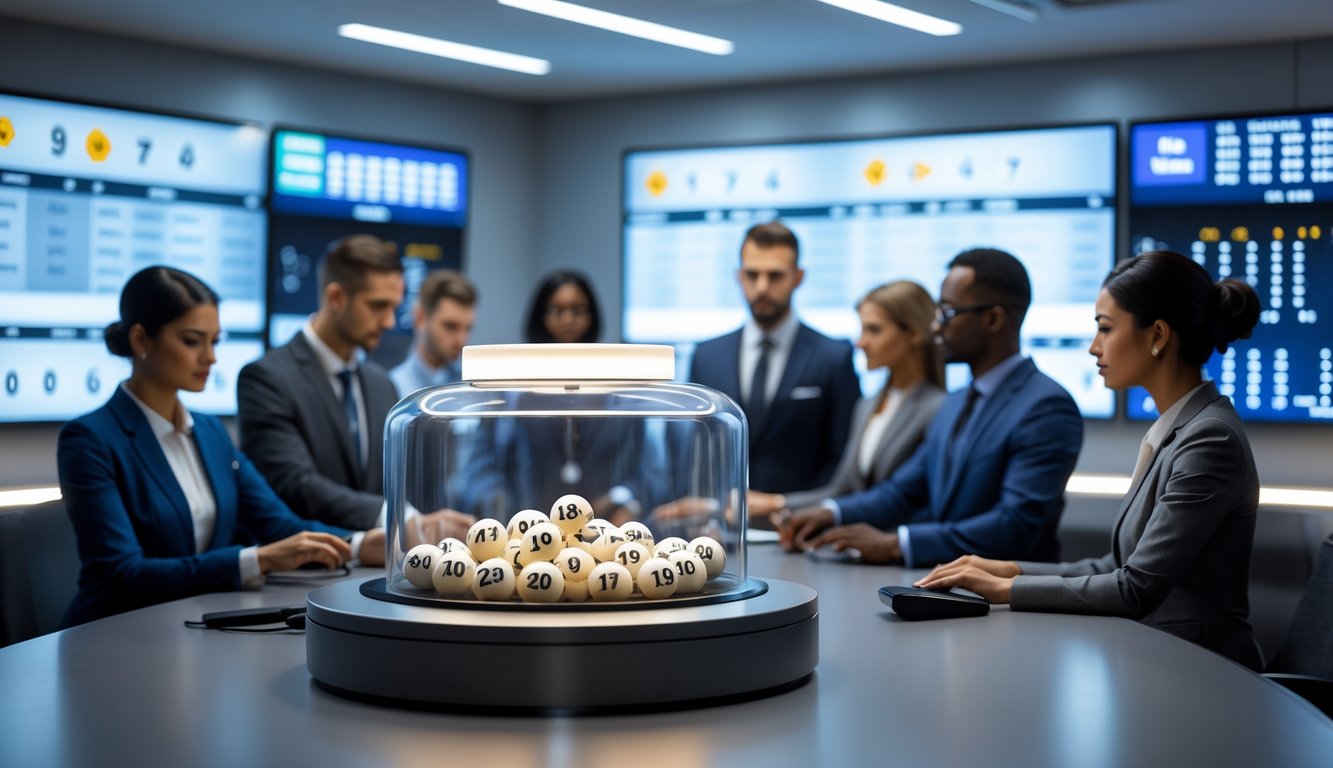 Ruang undian lotere modern dengan mesin bola nomor dan beberapa profesional yang sedang mengoperasikan peralatan serta memantau layar digital.
