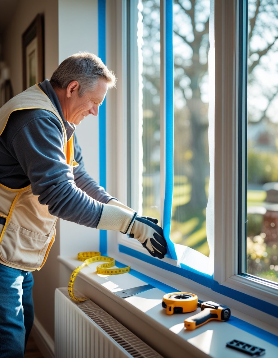A person applying weatherproofing insulation tape around a window inside a home to improve heating efficiency.