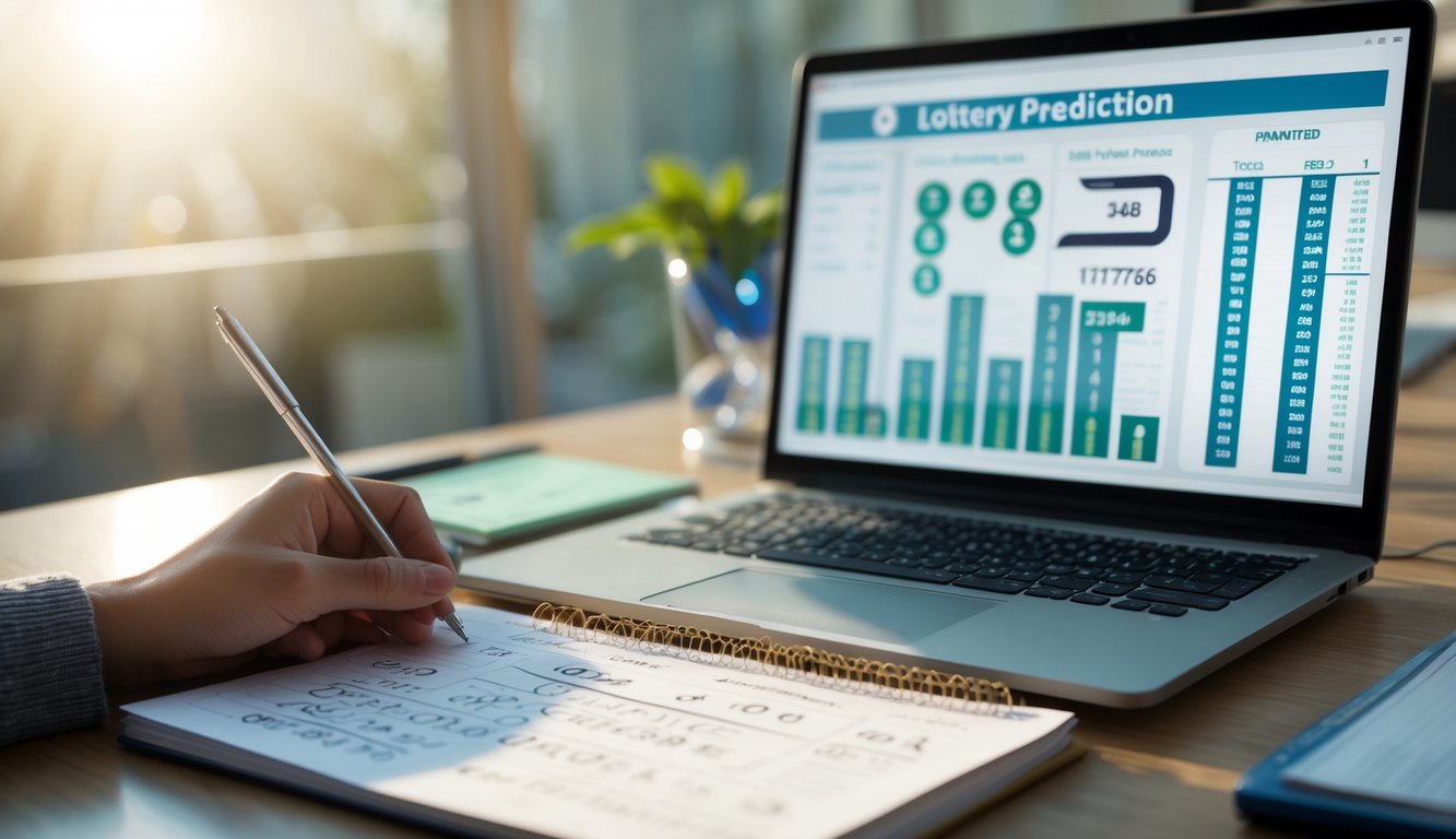 Meja kerja dengan laptop, buku catatan, dan alat tulis yang digunakan untuk analisis prediksi togel.