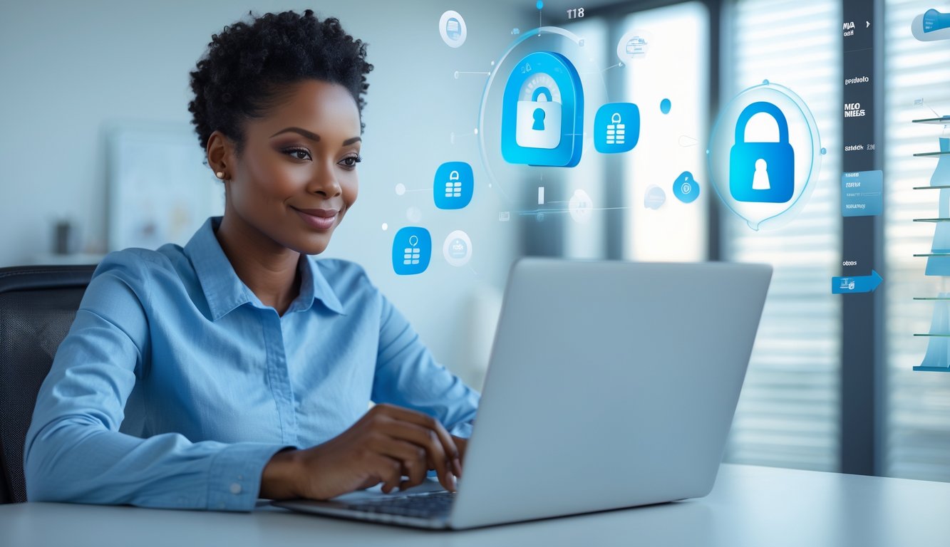 Seseorang menggunakan laptop di ruangan yang terang dengan elemen digital yang melambangkan keamanan dan kepercayaan.