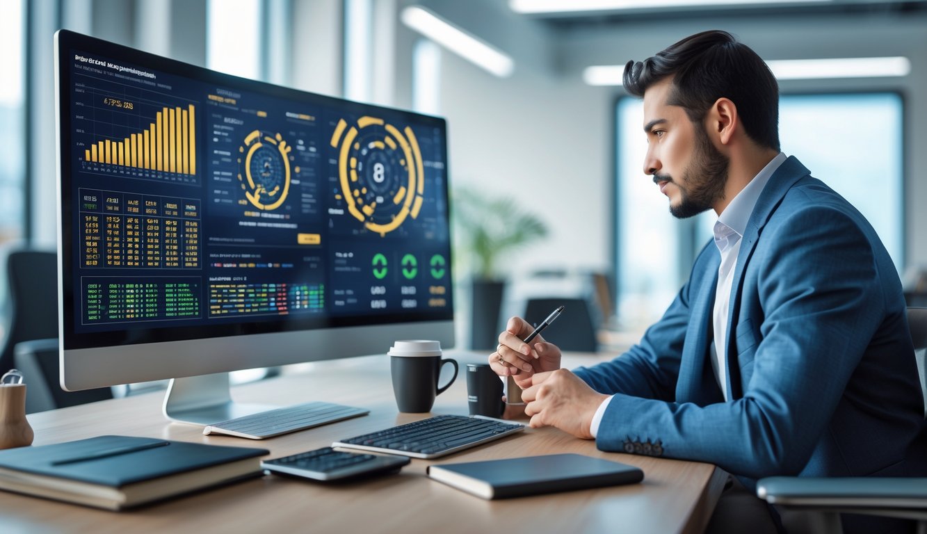 Seseorang sedang menganalisis data prediksi togel di ruang kerja modern dengan komputer dan alat tulis.