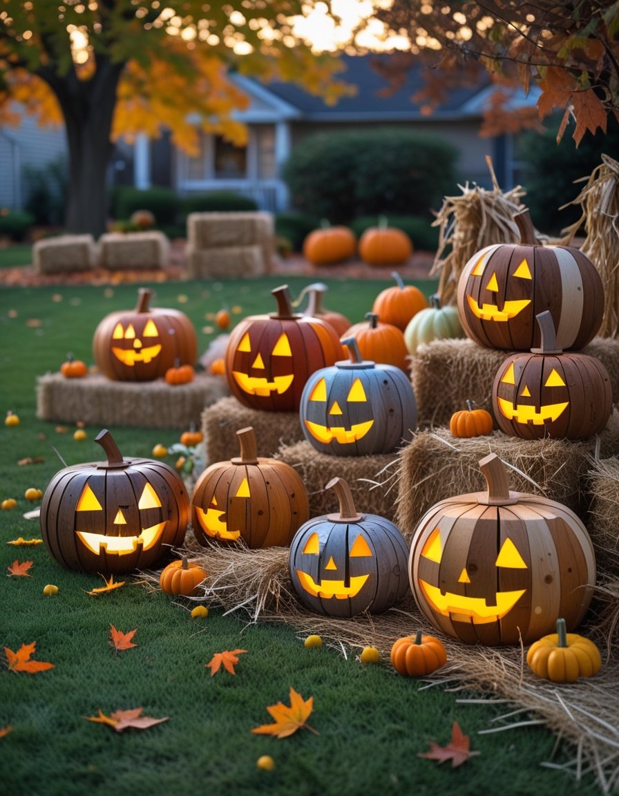 An outdoor Halloween yard display with handcrafted wooden pumpkins and jack-o’-lanterns arranged on grass with autumn leaves and fall decorations.