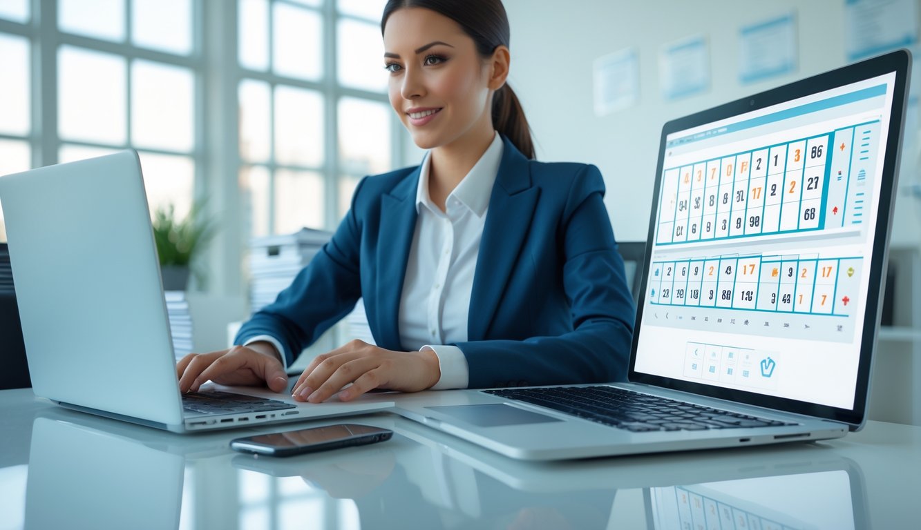 Seorang profesional bekerja di kantor modern dengan perangkat digital yang menampilkan angka lotre.