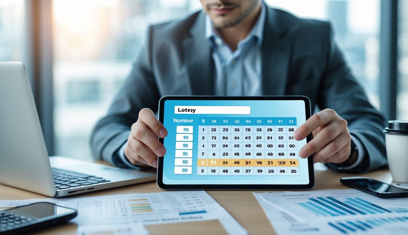 Seseorang sedang fokus menganalisis angka togel di tablet di meja kerja dengan laptop dan kopi.