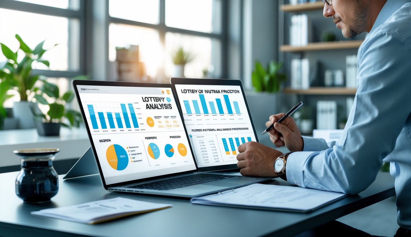 Seorang profesional sedang menganalisis data angka di meja kerja dengan laptop dan tablet di ruangan kantor yang terang dan rapi.