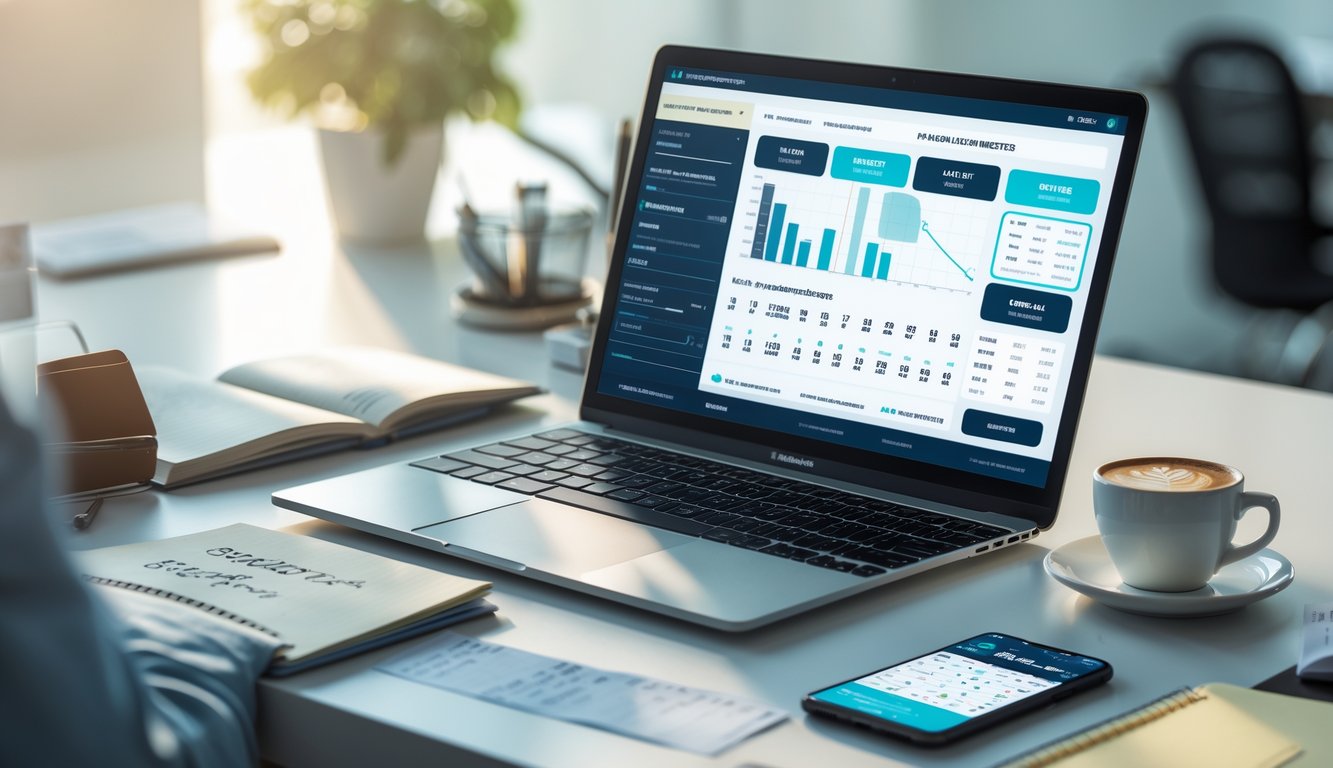 Meja kerja modern dengan laptop, buku catatan, dan ponsel yang menampilkan data prediksi togel online.