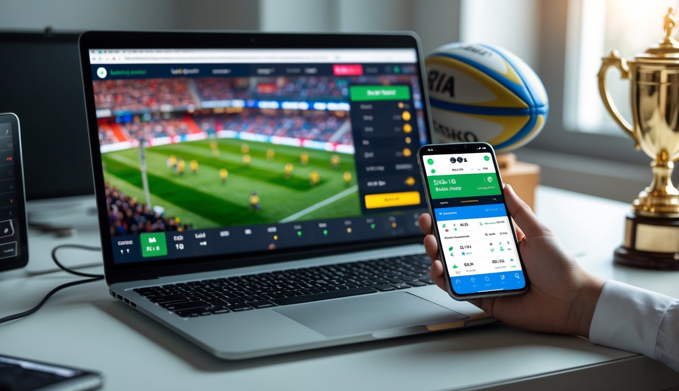 Seorang pria menggunakan laptop dan ponsel untuk memasang taruhan rugby secara online di meja kerja dengan bola rugby dan trofi di latar belakang.
