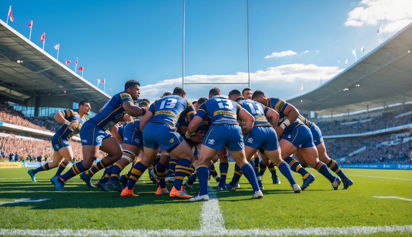Pertandingan rugby yang sedang berlangsung dengan pemain yang beraksi di lapangan hijau dan penonton di stadion.