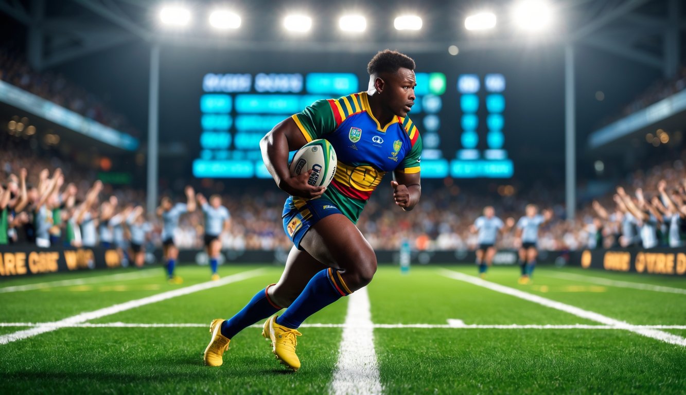 Seorang pemain rugby berlari dengan bola di lapangan hijau dengan penonton di latar belakang.