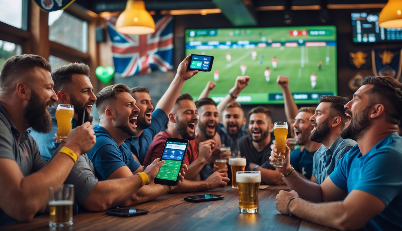 Sekelompok penggemar rugby menonton pertandingan Piala Dunia rugby di bar olahraga sambil menggunakan aplikasi taruhan di ponsel mereka.