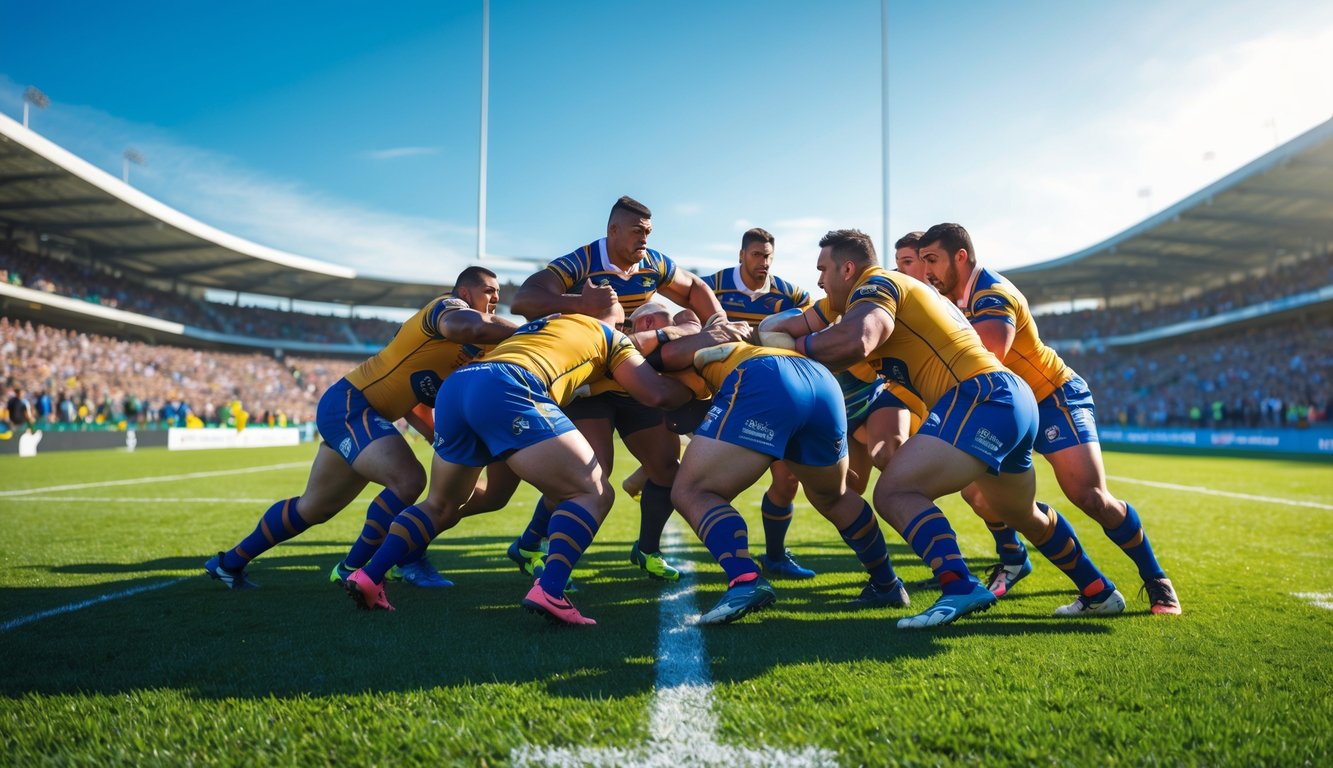 Pertandingan rugby yang intens dengan pemain sedang beraksi di lapangan hijau dan penonton di stadion.