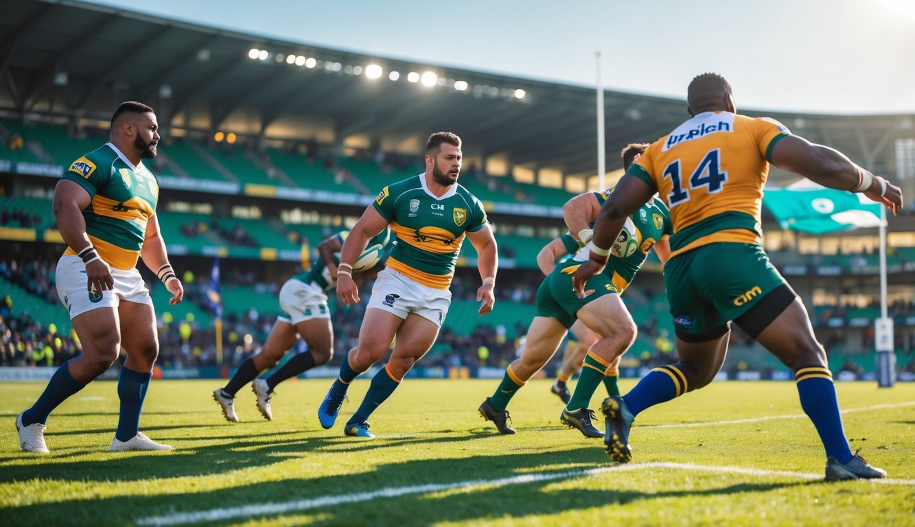 Beberapa pemain rugby sedang beraksi di lapangan hijau dengan penonton di latar belakang.
