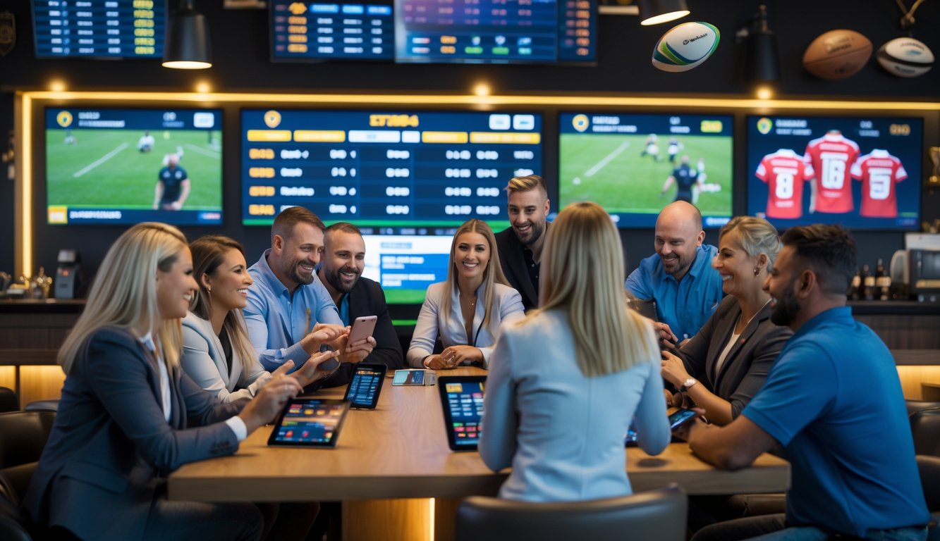 Sekelompok orang dewasa sedang berkumpul di ruang taruhan rugby dengan layar besar menampilkan statistik pertandingan rugby secara langsung.