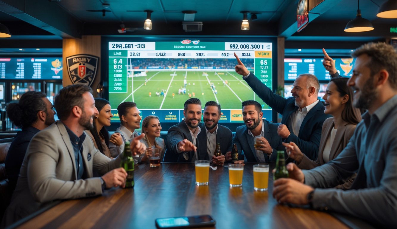 Sekelompok orang sedang menonton dan berdiskusi taruhan judi olahraga rugby di sebuah bar olahraga.