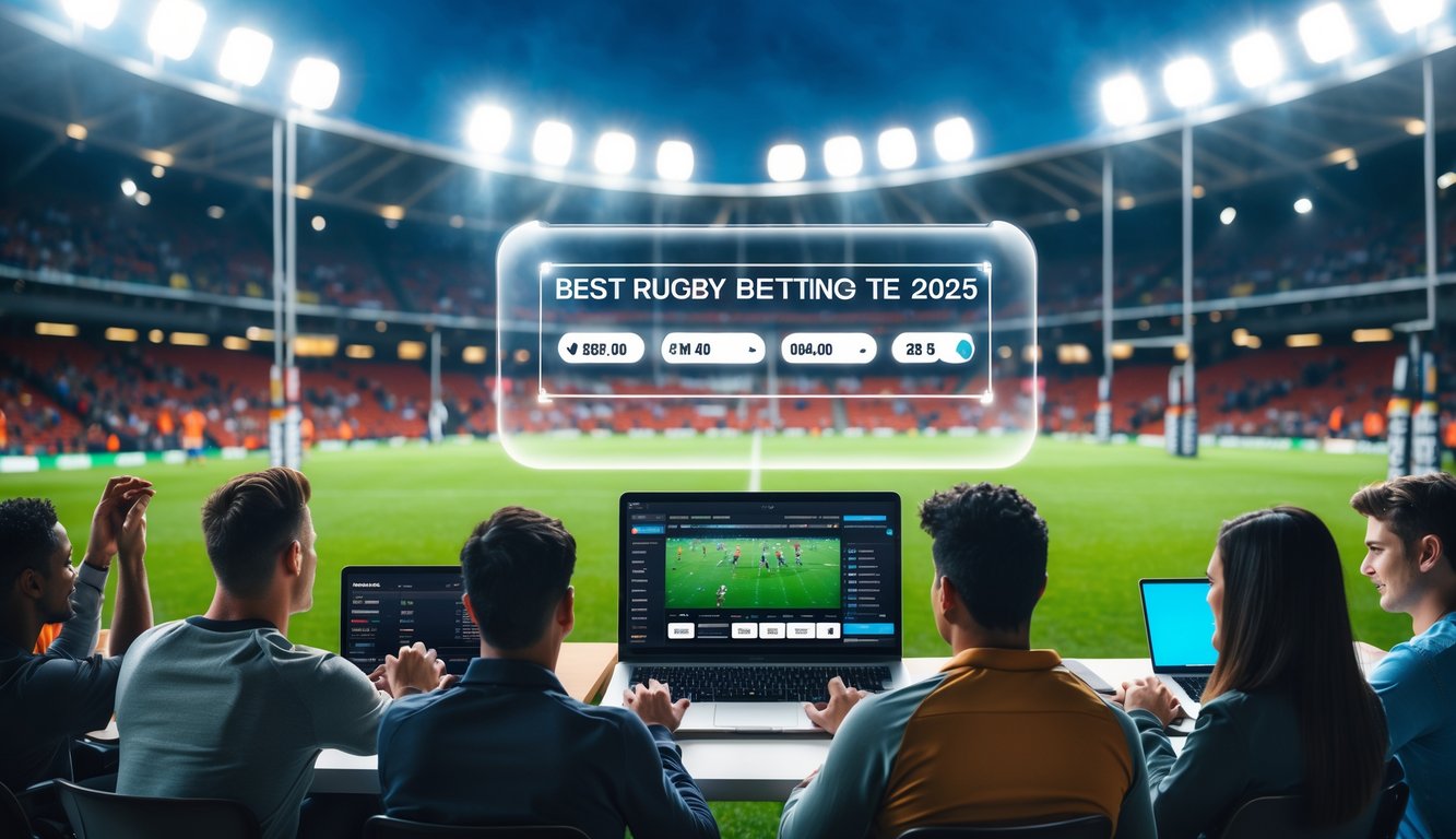Sekelompok orang muda menggunakan laptop dan ponsel di stadion rugby yang ramai dengan penonton, menampilkan suasana pertandingan rugby yang intens.