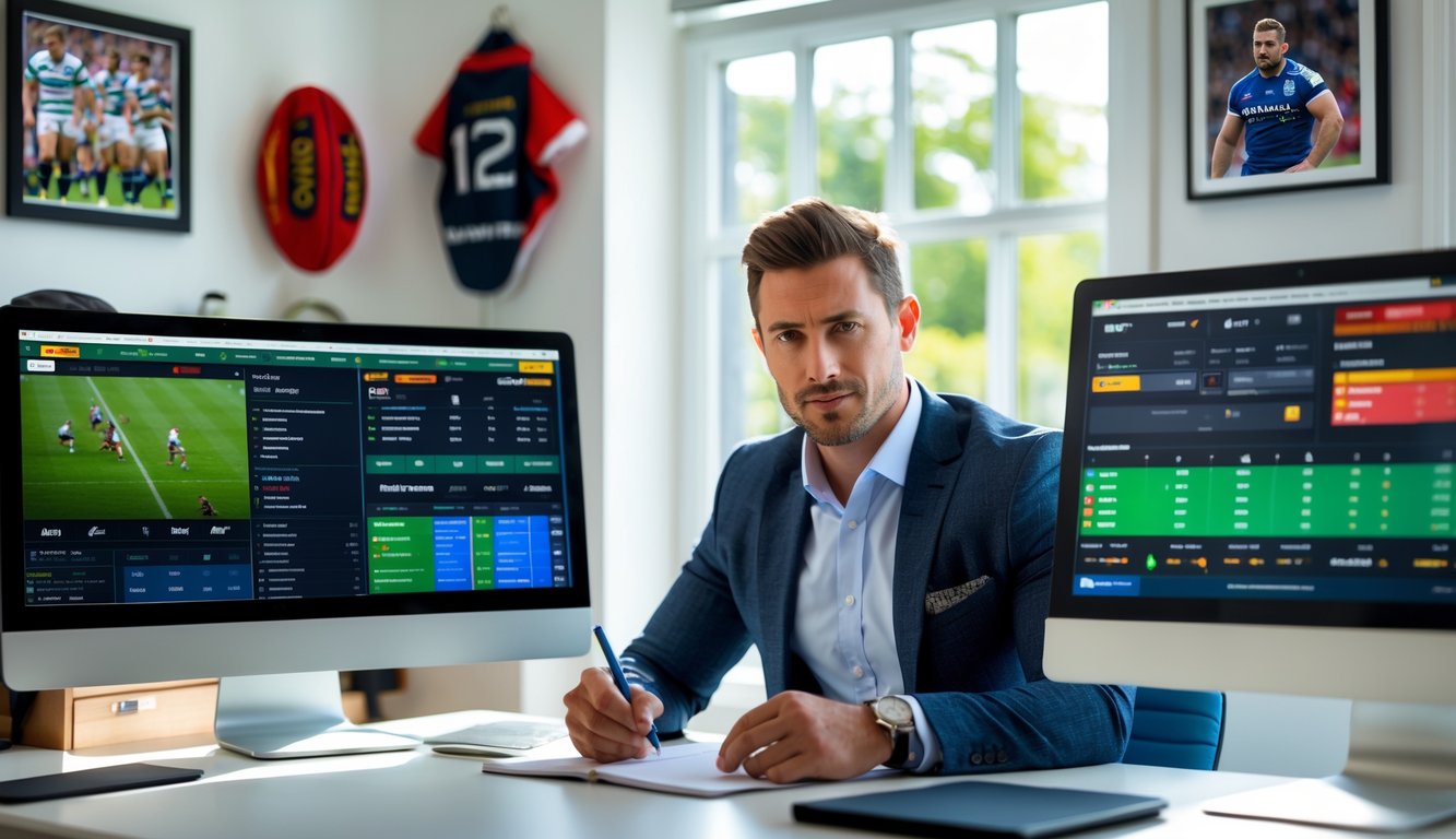 Seorang pria duduk di meja dengan layar komputer yang menampilkan statistik dan pertandingan rugby, sedang mencatat dan fokus mempelajari strategi taruhan rugby.
