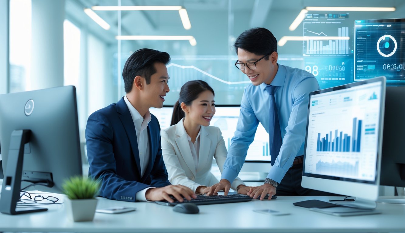 Dua orang profesional sedang bekerja bersama di kantor modern dengan layar komputer menampilkan grafik dan data.