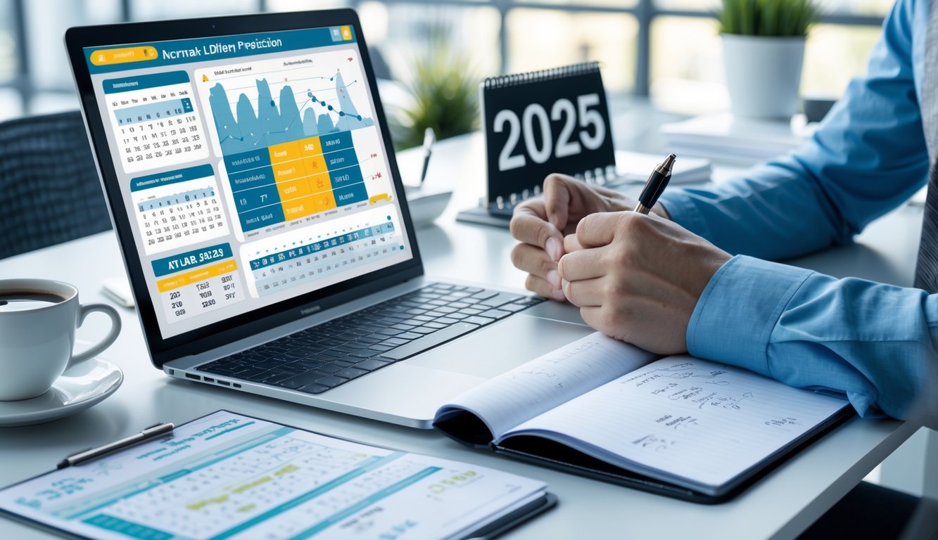 Seorang profesional sedang menganalisis data lotere di meja kerja dengan laptop dan tablet, di ruang kantor yang terang dan teratur.