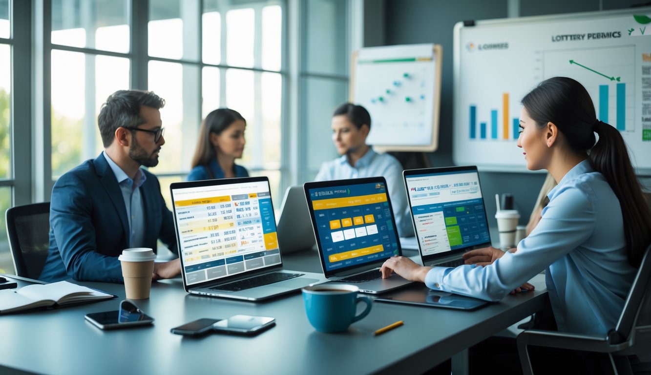 Sekelompok orang sedang bekerja bersama di kantor dengan perangkat digital yang menampilkan data angka dan grafik.