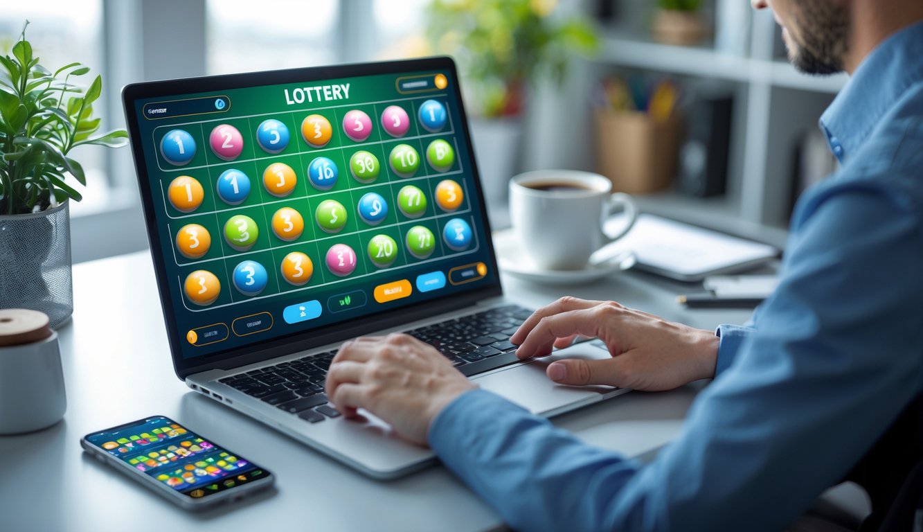 Seorang pengguna sedang melihat layar laptop dengan permainan angka togel online di meja kerja yang rapi.