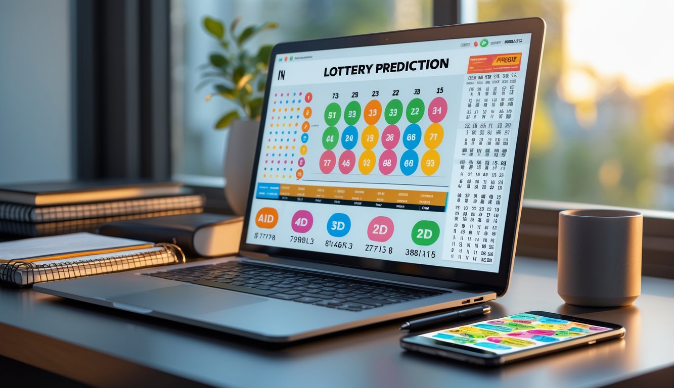 Meja kerja dengan laptop yang menampilkan grafik dan angka prediksi togel, dilengkapi dengan buku catatan, pena, dan ponsel di sekitarnya.