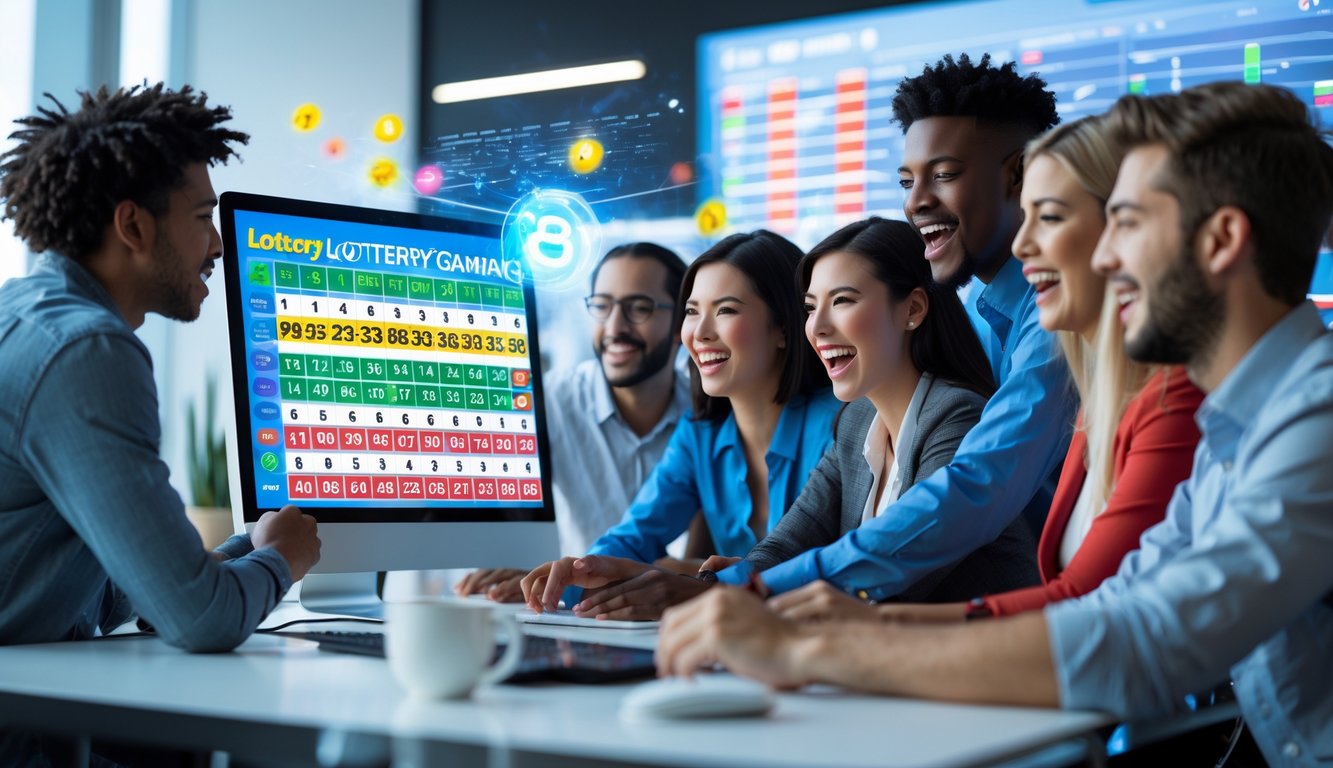 Sekelompok orang muda di kantor modern sedang melihat layar komputer dengan angka lotere dan grafik warna-warni.