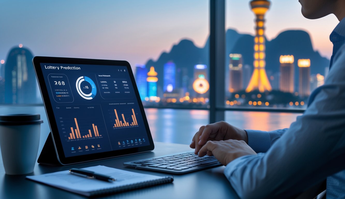 Seorang pria sedang menganalisis data angka pada tablet dengan latar belakang pemandangan kota Macau yang terkenal.