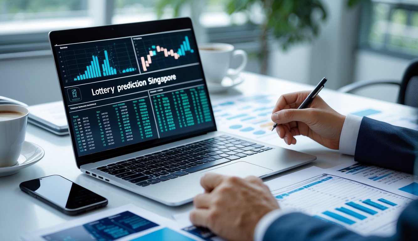 Meja kerja dengan laptop yang menampilkan grafik dan angka, tangan memegang pena siap mencatat, suasana kantor terang dengan cahaya alami.