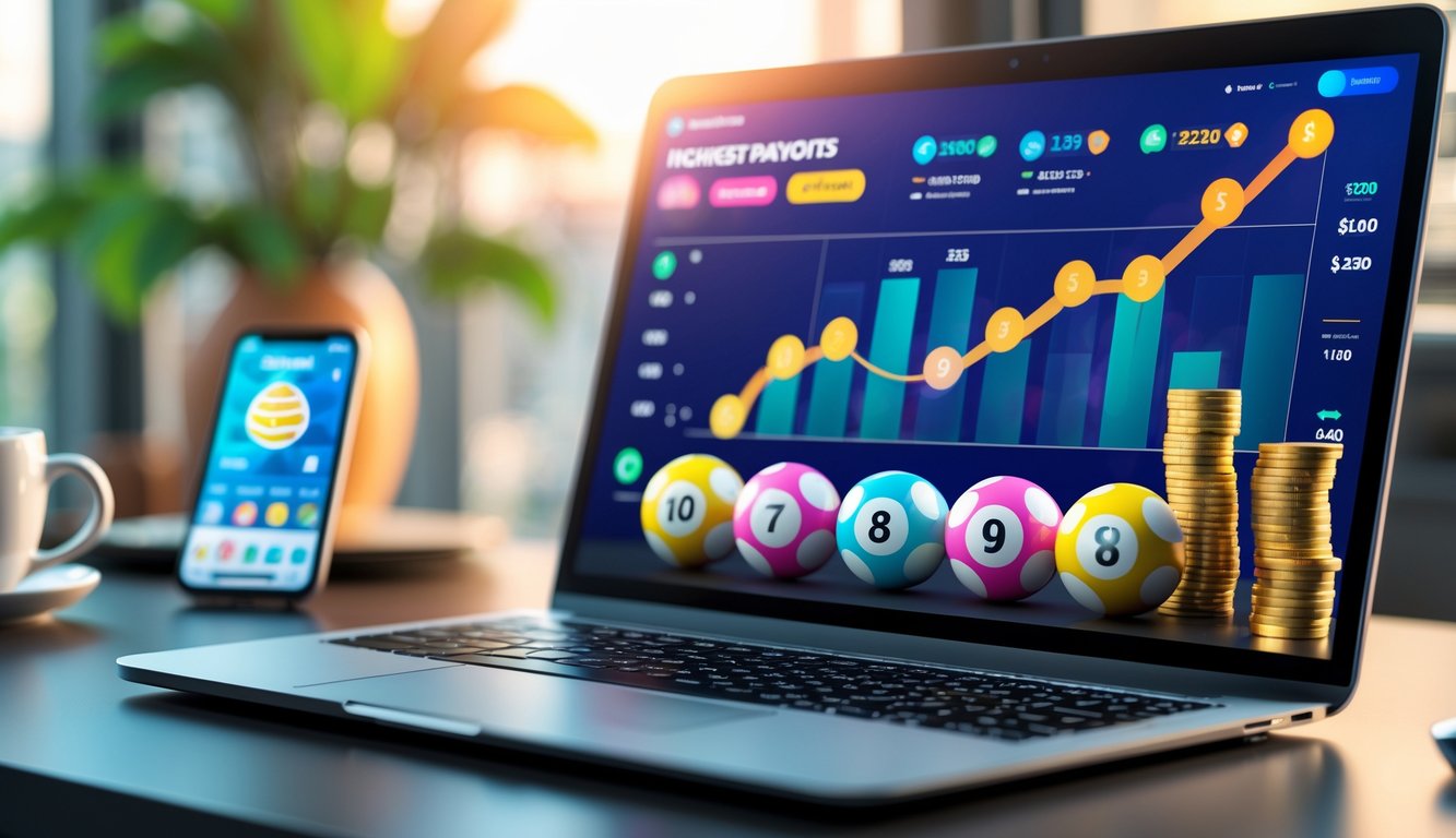 Sebuah ruang kerja modern dengan laptop yang menampilkan antarmuka lotere digital, bola lotere berwarna-warni, grafik kenaikan pembayaran, dan tumpukan uang yang melambangkan kemenangan besar.