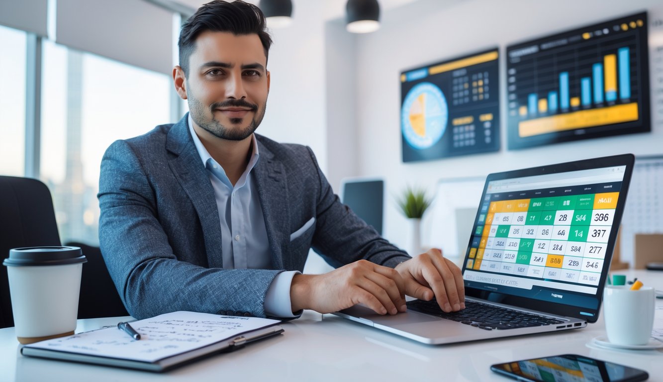 Seorang pria duduk di meja dengan laptop dan catatan, fokus menganalisis data untuk strategi togel online.