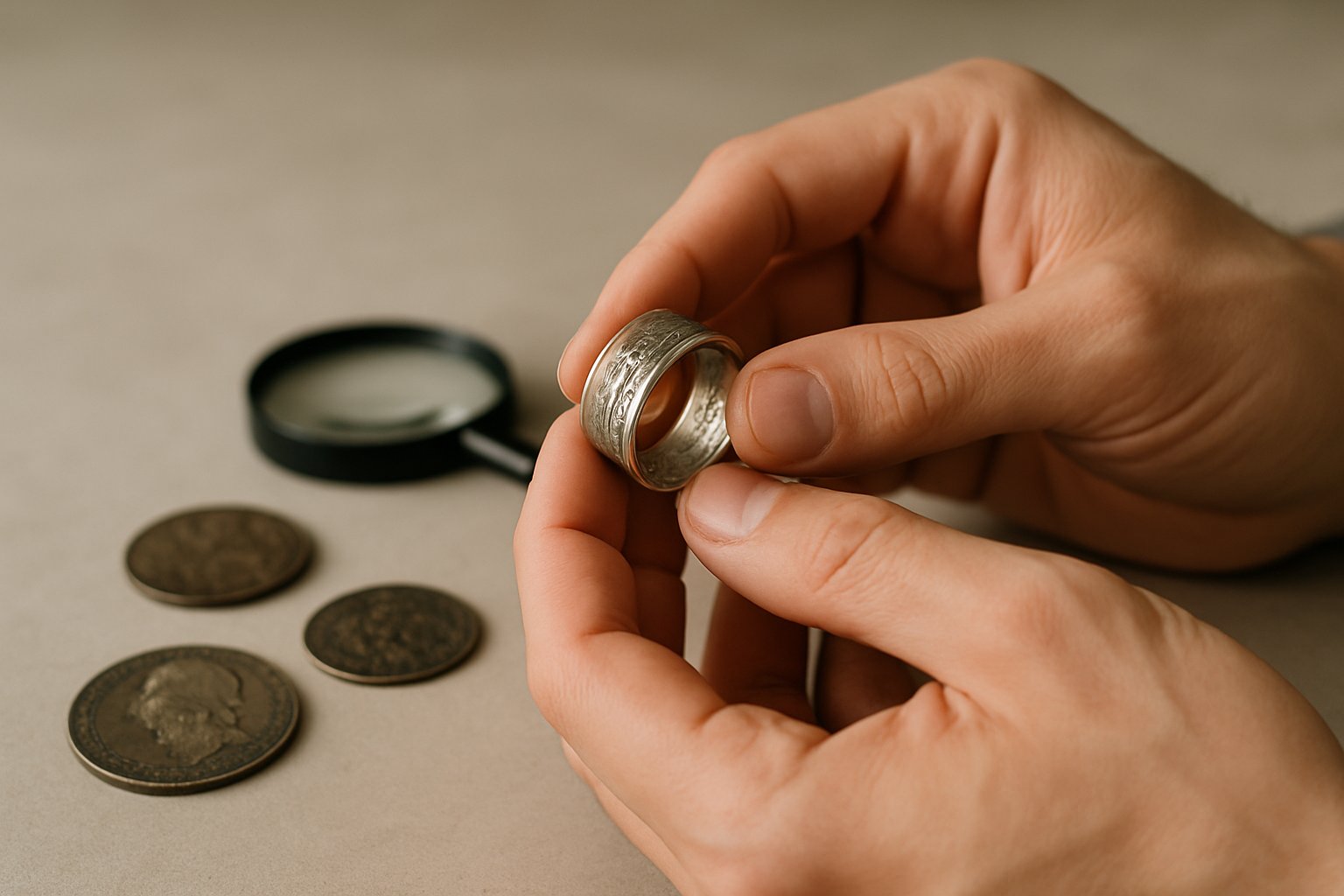 Close-up of hands examining a coin ring with antique coins and a magnifying glass on a neutral surface.