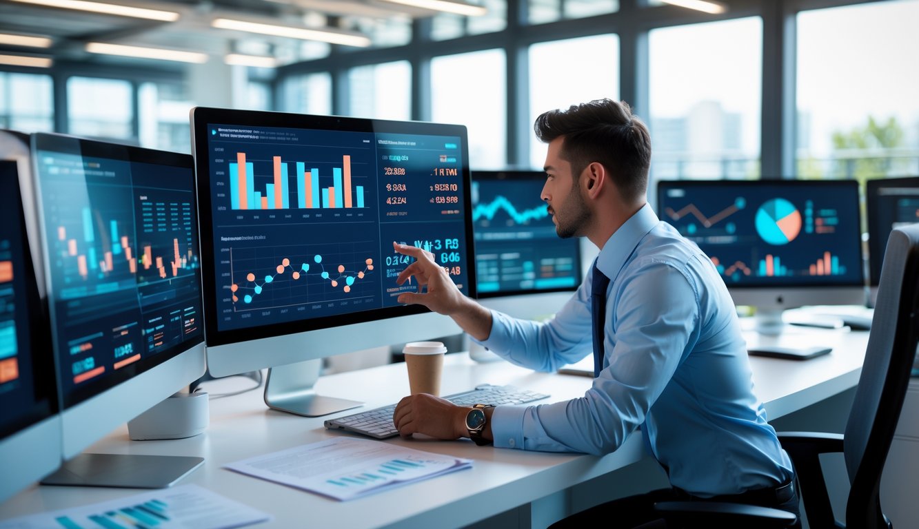 Seorang analis bisnis sedang memperbarui statistik harian RTP di layar digital di kantor modern.