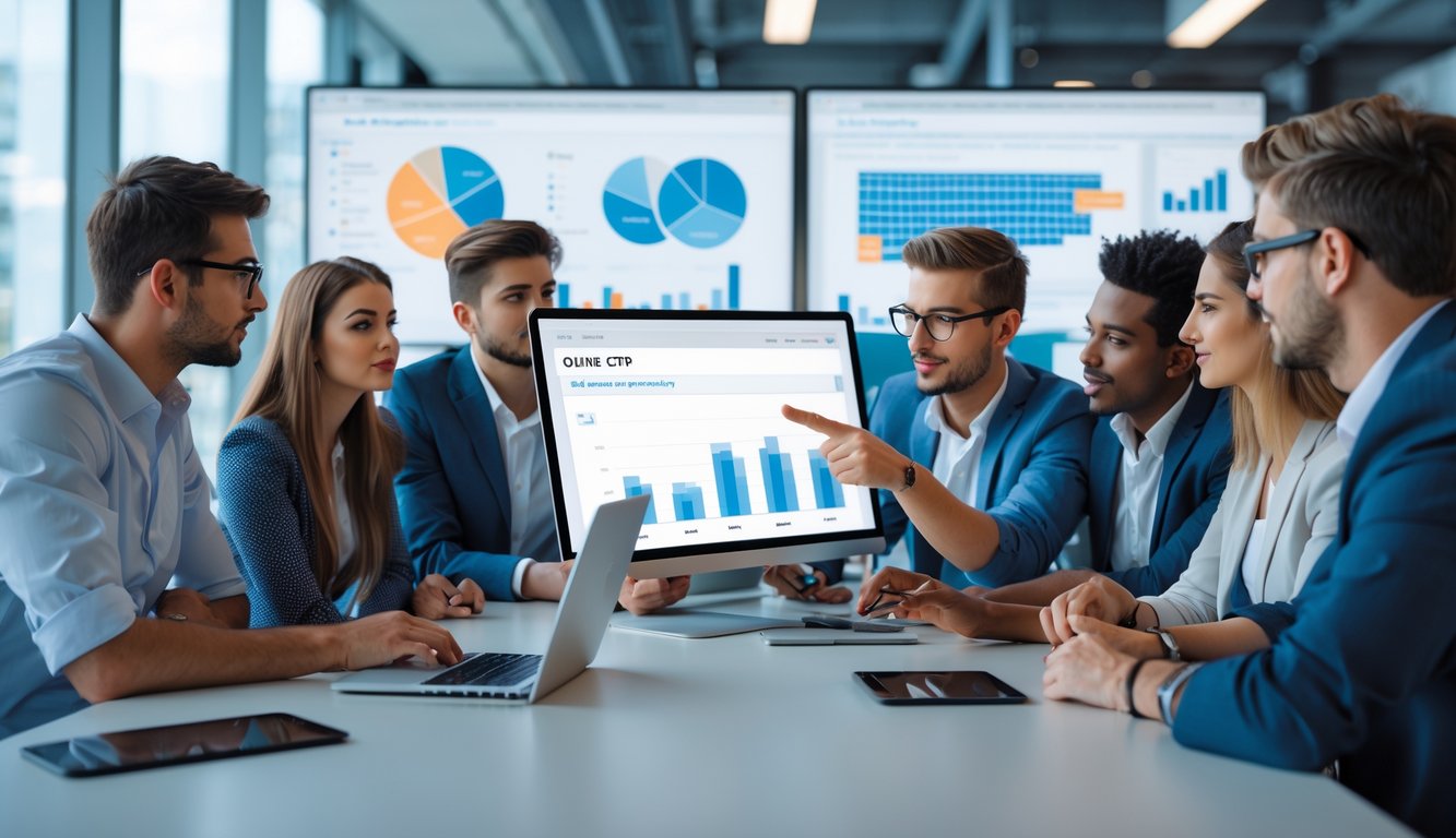 Sekelompok profesional muda sedang berdiskusi di kantor dengan layar komputer menampilkan data analitik.