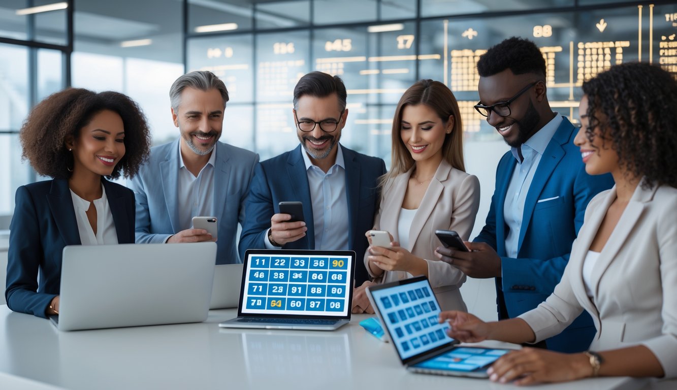 Orang-orang di kantor modern menggunakan perangkat digital untuk bermain togel online dengan suasana yang profesional dan terpercaya.