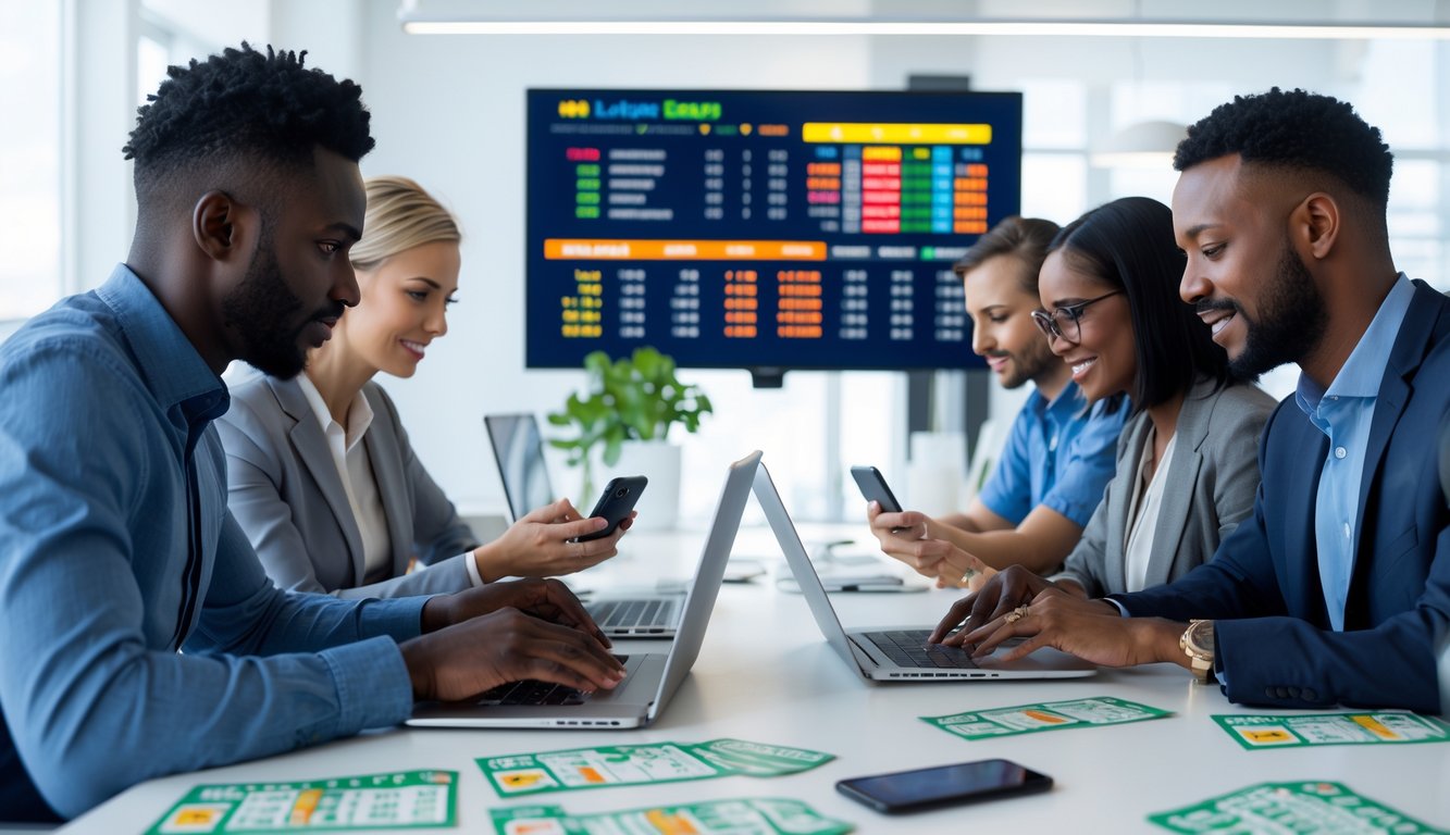 Orang-orang menggunakan laptop dan ponsel di kantor modern yang terang dengan layar besar menampilkan grafik dan angka terkait togel online.
