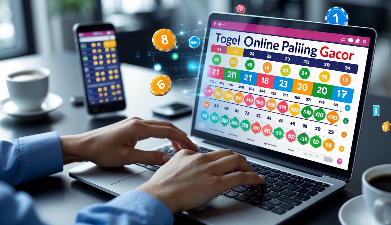 Seseorang menggunakan laptop dengan tampilan angka togel dan grafik warna-warni di layar dalam suasana kerja yang terang dan modern.