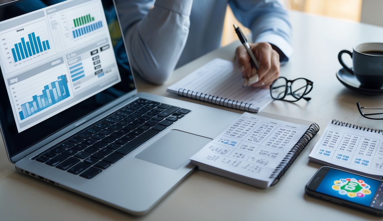 Seseorang sedang menganalisis data lotre di meja kerja dengan laptop, catatan, dan alat tulis.
