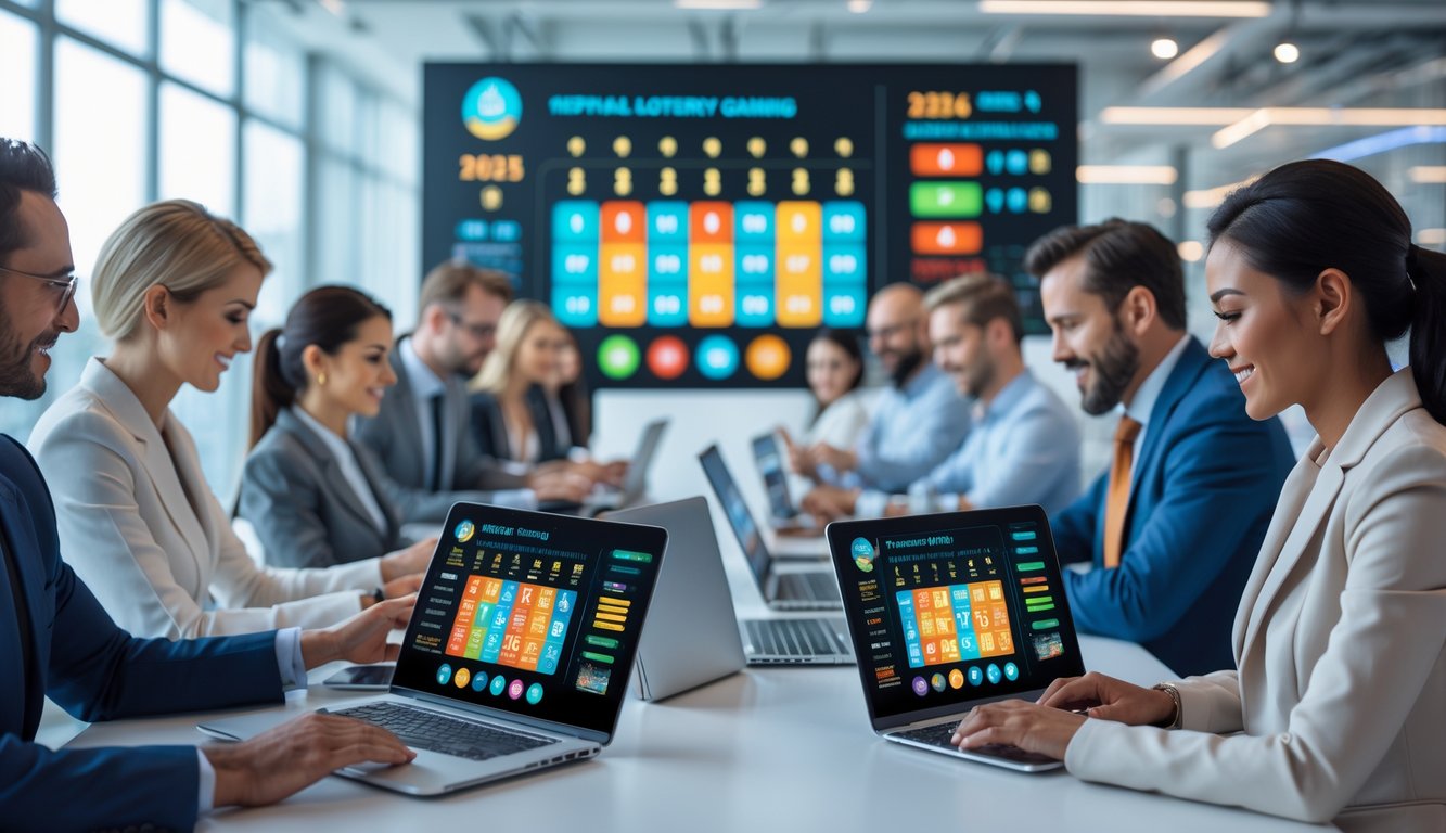 Orang-orang bekerja dengan perangkat digital di kantor modern yang terang, menampilkan aktivitas terkait permainan togel resmi.