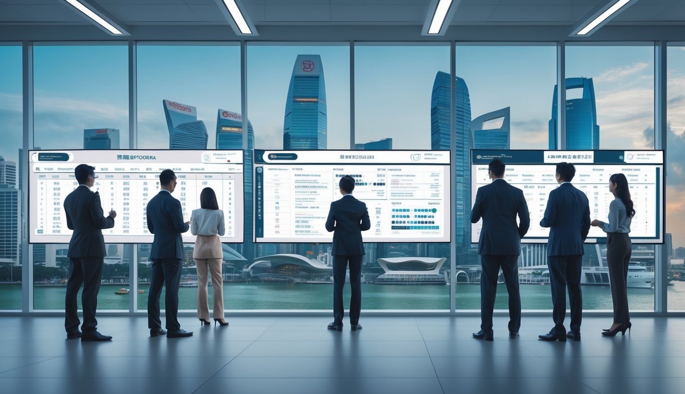 Sekelompok profesional sedang menganalisis data lotere di kantor dengan latar belakang pemandangan kota Singapura dan Hongkong.