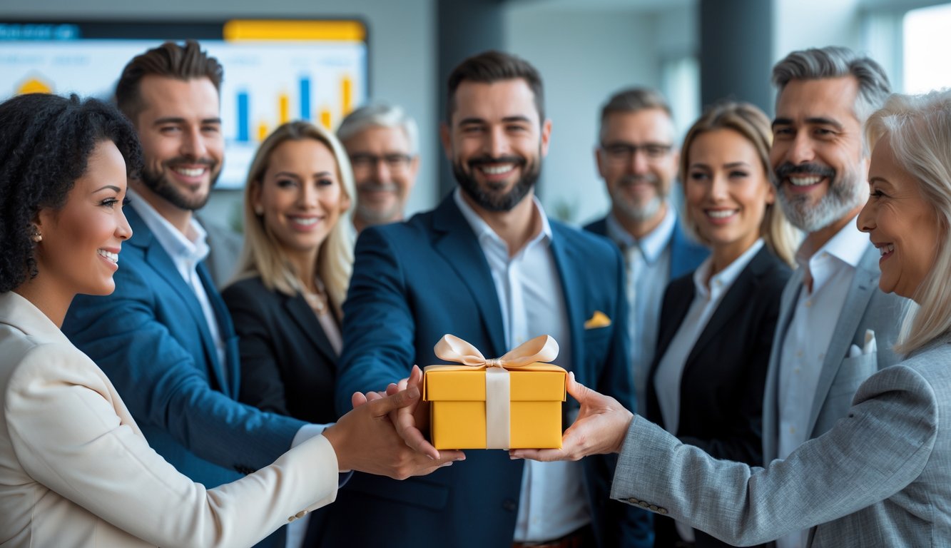 Sekelompok orang tersenyum di kantor modern saat seseorang memberikan hadiah kepada anggota baru.