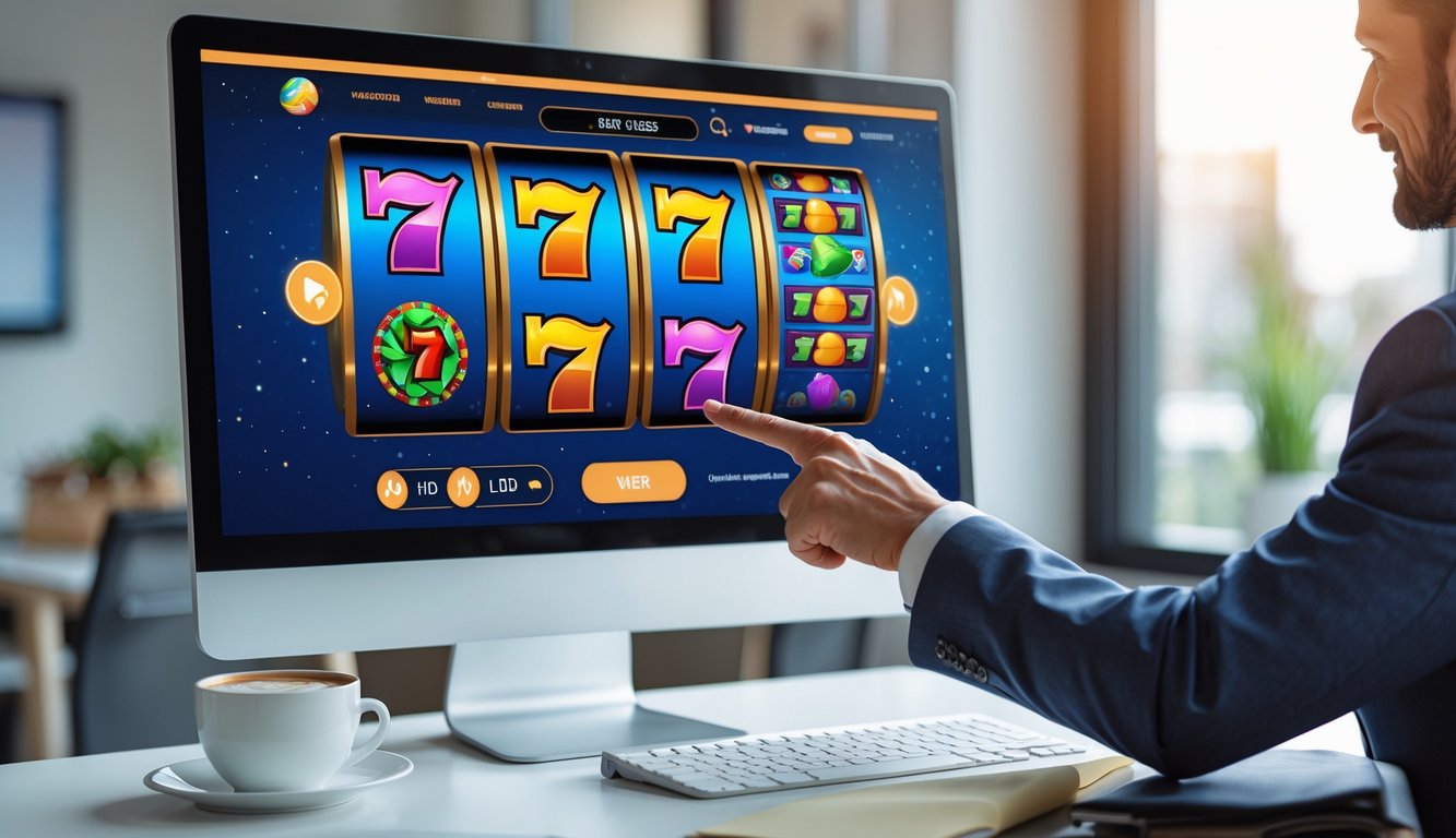 Seseorang menggunakan komputer dengan tampilan permainan slot online yang berwarna-warni di lingkungan kantor yang terang dan rapi.