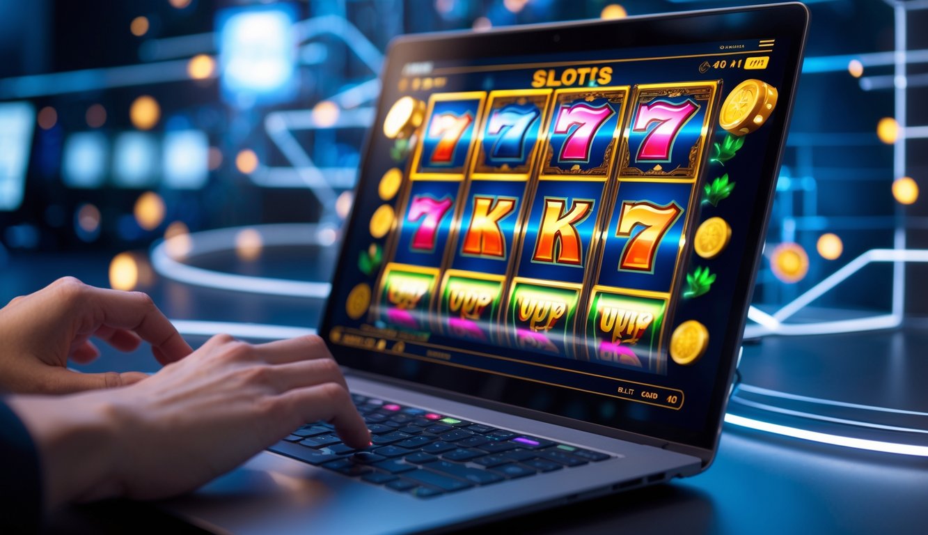 Seorang pengguna bermain permainan slot online dengan layar komputer menampilkan grafik permainan slot yang berwarna-warni dan simbol kemenangan.