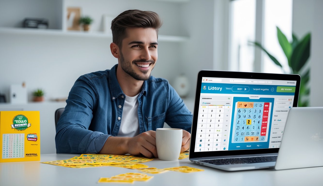 Seorang pria muda duduk di meja dengan laptop terbuka menampilkan antarmuka togel, di sekitarnya terdapat tiket togel dan ponsel, menunjukkan suasana menang togel online.