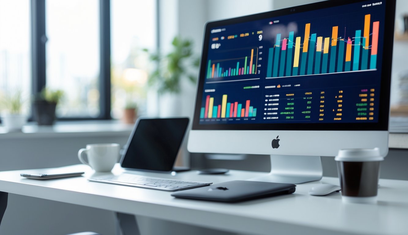 Seorang profesional sedang melihat layar komputer dengan grafik dan data statistik di meja kerja yang rapi.
