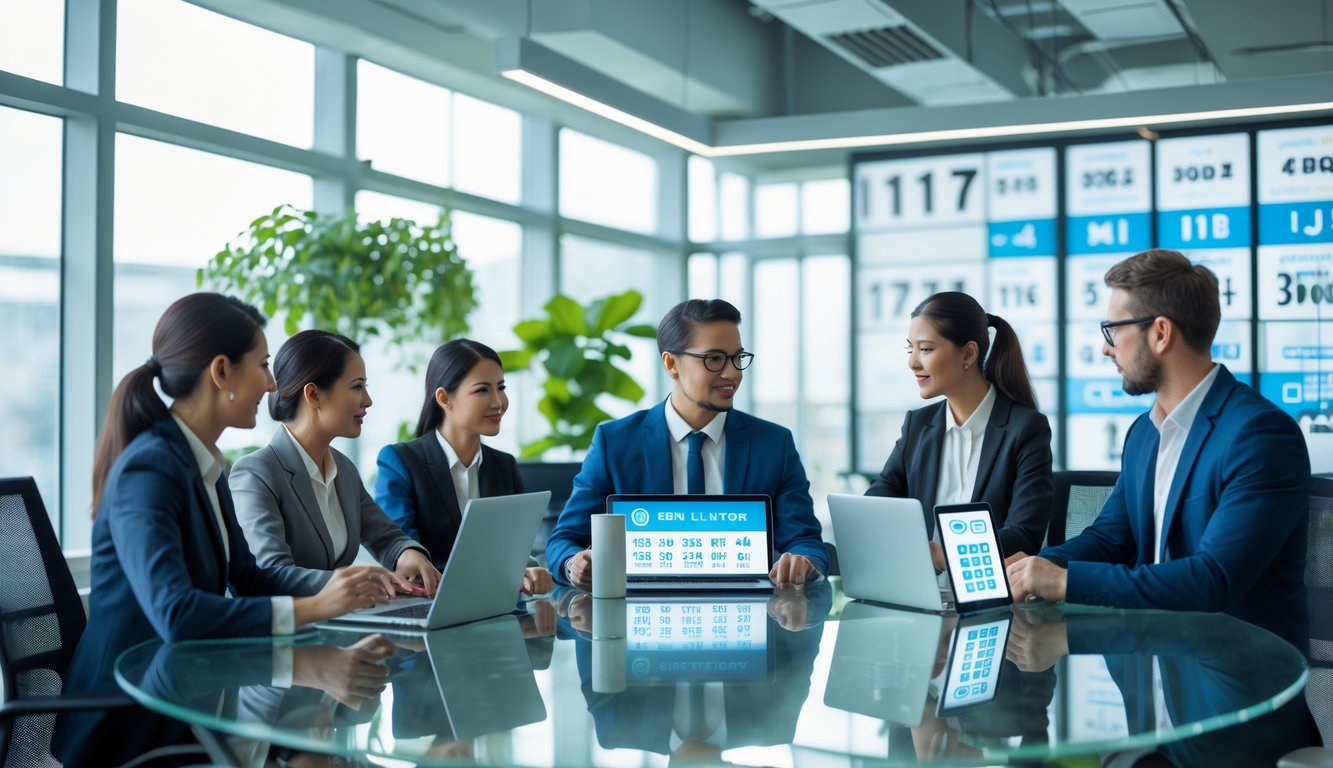Sekelompok profesional sedang berdiskusi di ruang kantor modern dengan perangkat digital yang menampilkan grafik lotere.
