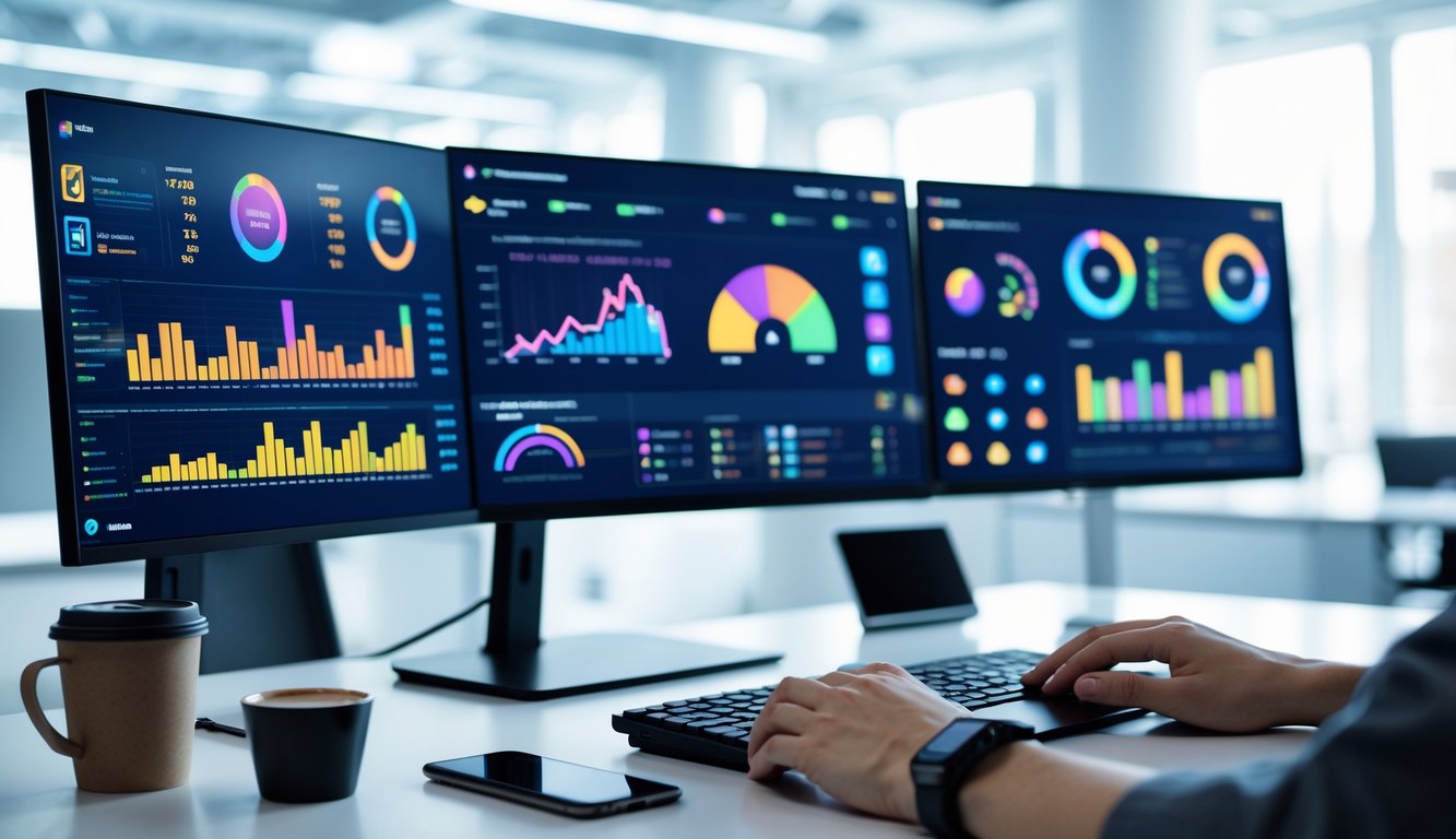 Sebuah ruang kerja modern dengan beberapa layar komputer yang menampilkan grafik dan antarmuka permainan, seseorang sedang mengetik di keyboard dengan ponsel dan secangkir kopi di meja.