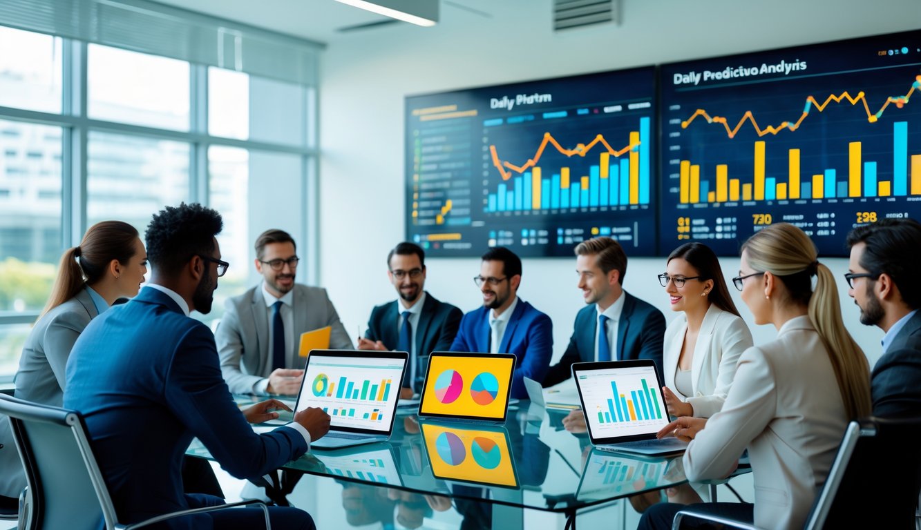Sekelompok profesional bisnis sedang berdiskusi di ruang kantor dengan perangkat digital dan grafik di layar besar, menunjukkan analisis data harian.