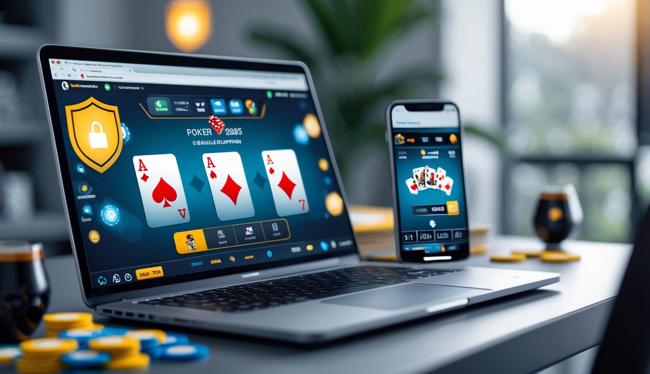 Seorang pengguna bermain poker online dengan laptop dan ponsel di ruang kerja modern yang terang dan rapi.